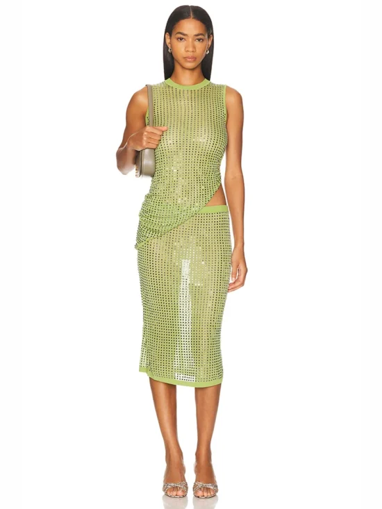 Diamonds Skirt Two Piece Set Sexy Green