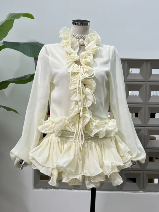 Culottes Two Piece Set Lace-up Ruffles Top + Diamonds Mini Skirt - Image 9