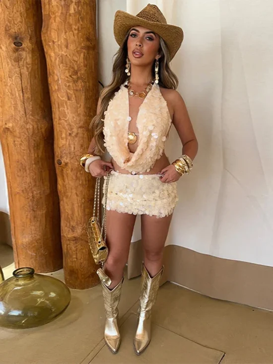 B-E Sequin Halter Top Mini Skirt Set Hollow Out Sleeveless Backless Vest A-line Skirt - Image 3