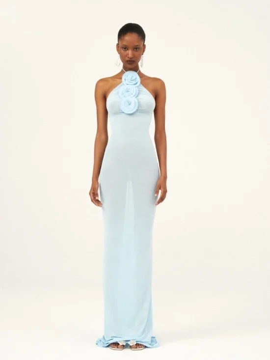 Halter Neck 3D Flower Bodycon Long Dress sleeveless Lace-up - Image 2