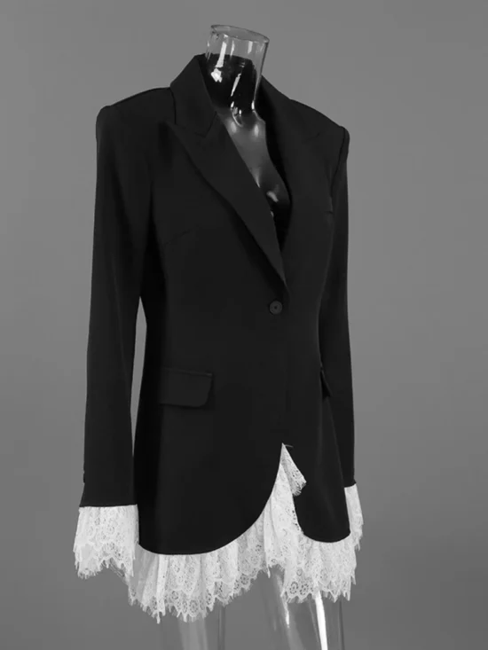 Bare Essential Black and White Loose Spliced Lace Elegant Blazer - Image 2