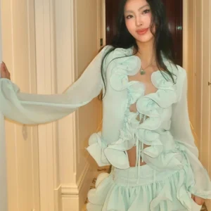 Culottes Two Piece Set Lace-up Ruffles Top + Diamonds Mini Skirt