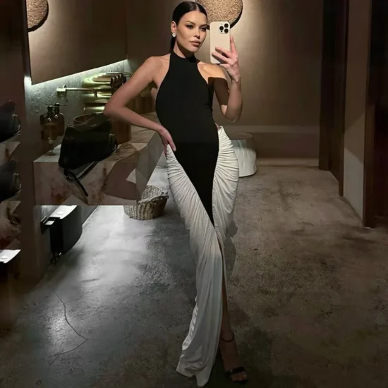 Bandage Material Sexy Off the Shoulder  Black and White - Image 2