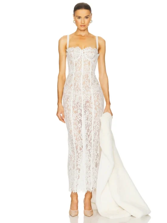 Sexy Spaghetti Strap V Neck Lace Long Dress - Image 5