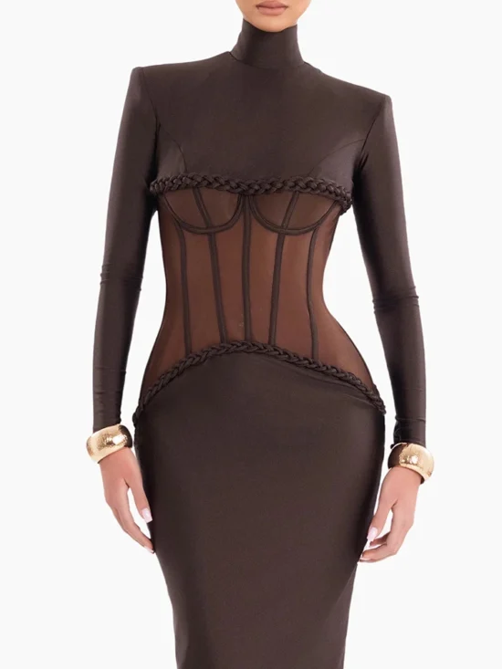 Sexy Turtleneck See Through Mesh Long Dress - Image 3