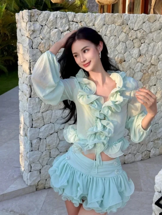 Culottes Two Piece Set Lace-up Ruffles Top + Diamonds Mini Skirt - Image 6
