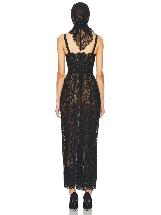 Sexy Spaghetti Strap V Neck Lace Long Dress - Image 4