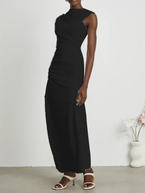 B-E Solid Slimming Spliced Folds Elegant Dress - Image 5