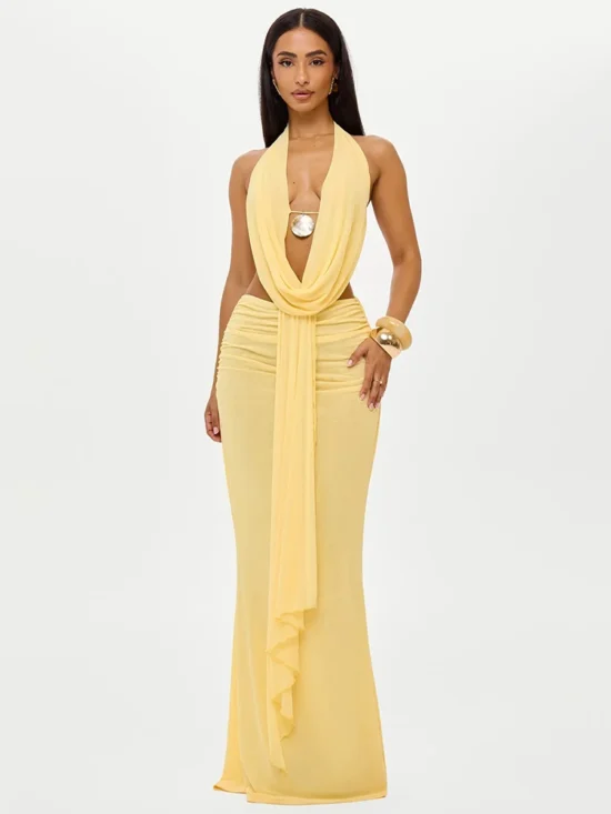 Sexy Dress Set Halter Crop Top And Maxi Skirt