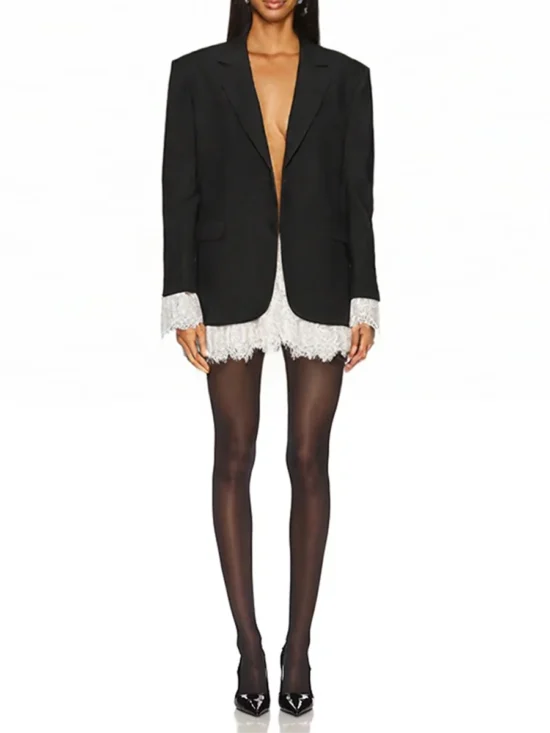 Bare Essential Black and White Loose Spliced Lace Elegant Blazer