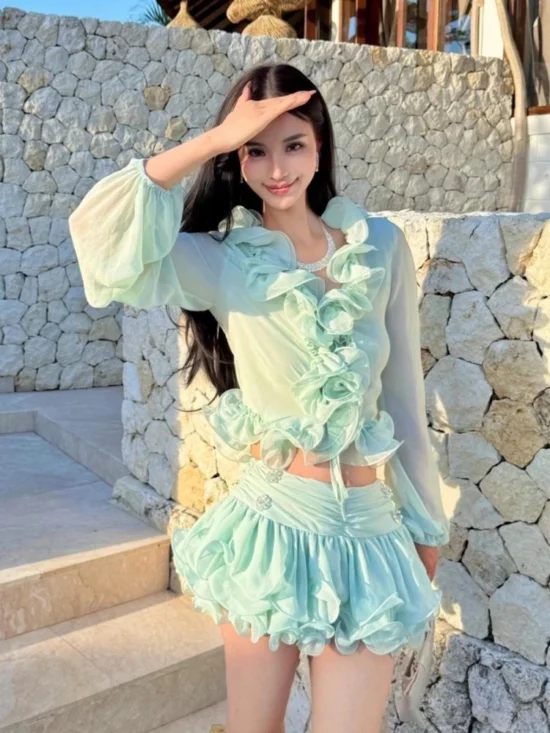 Culottes Two Piece Set Lace-up Ruffles Top + Diamonds Mini Skirt - Image 7