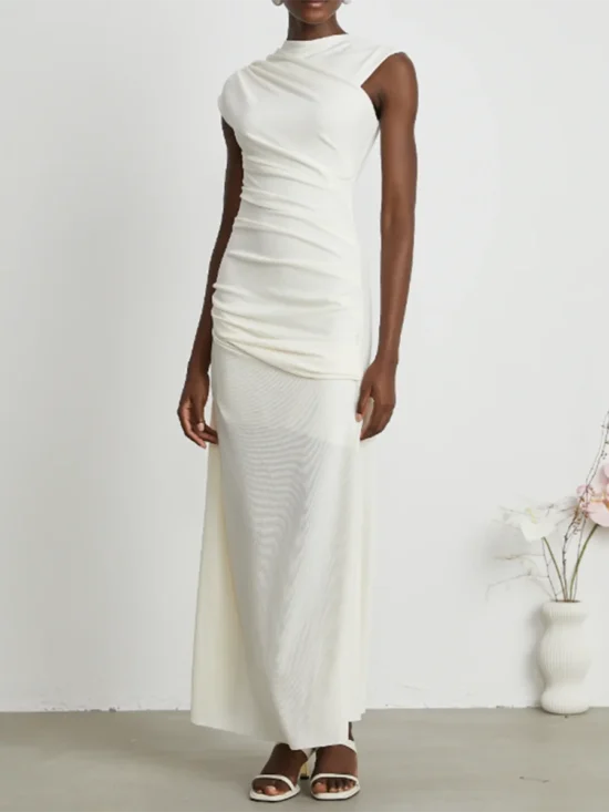 B-E Solid Slimming Spliced Folds Elegant Dress - Image 2
