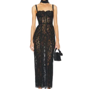 Sexy Spaghetti Strap V Neck Lace Long Dress