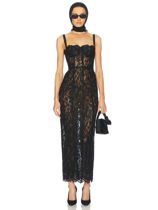 Sexy Spaghetti Strap V Neck Lace Long Dress